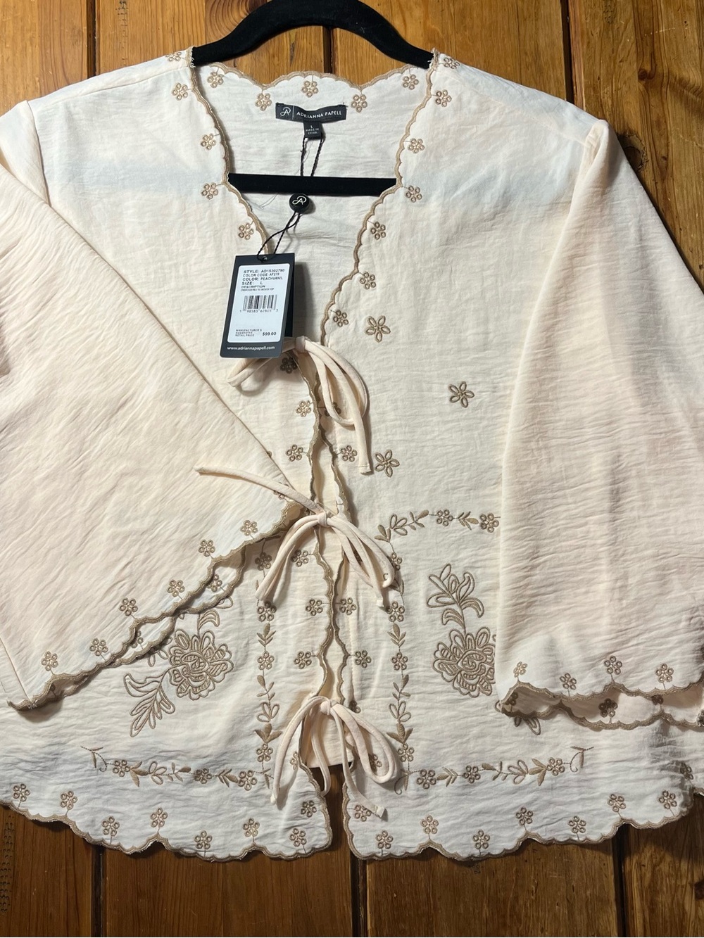 Adrianna Papell Cream Embroidered Tie-Front Peasant Tunic